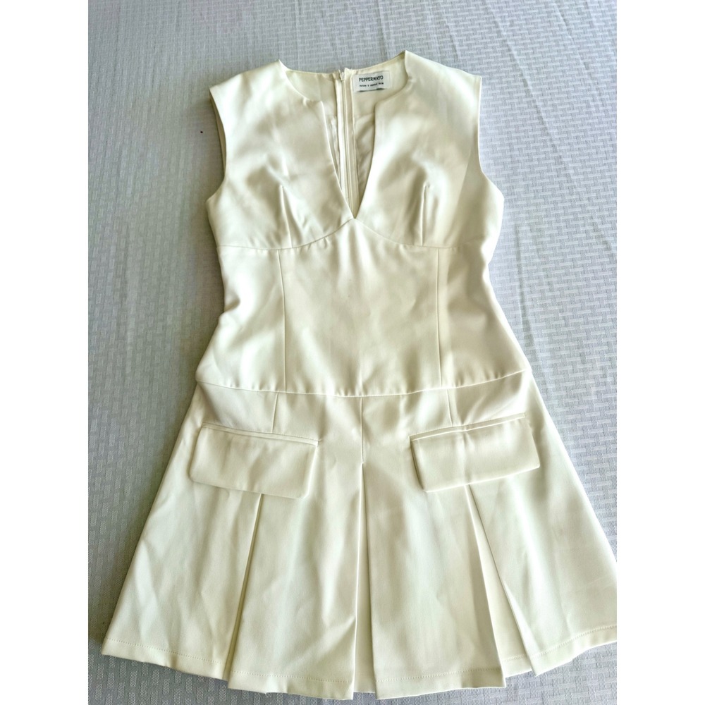 Peppermayo White Cotton Pleated Mini Dress Preppy Old Money US 4 AU 8 Sleeveless